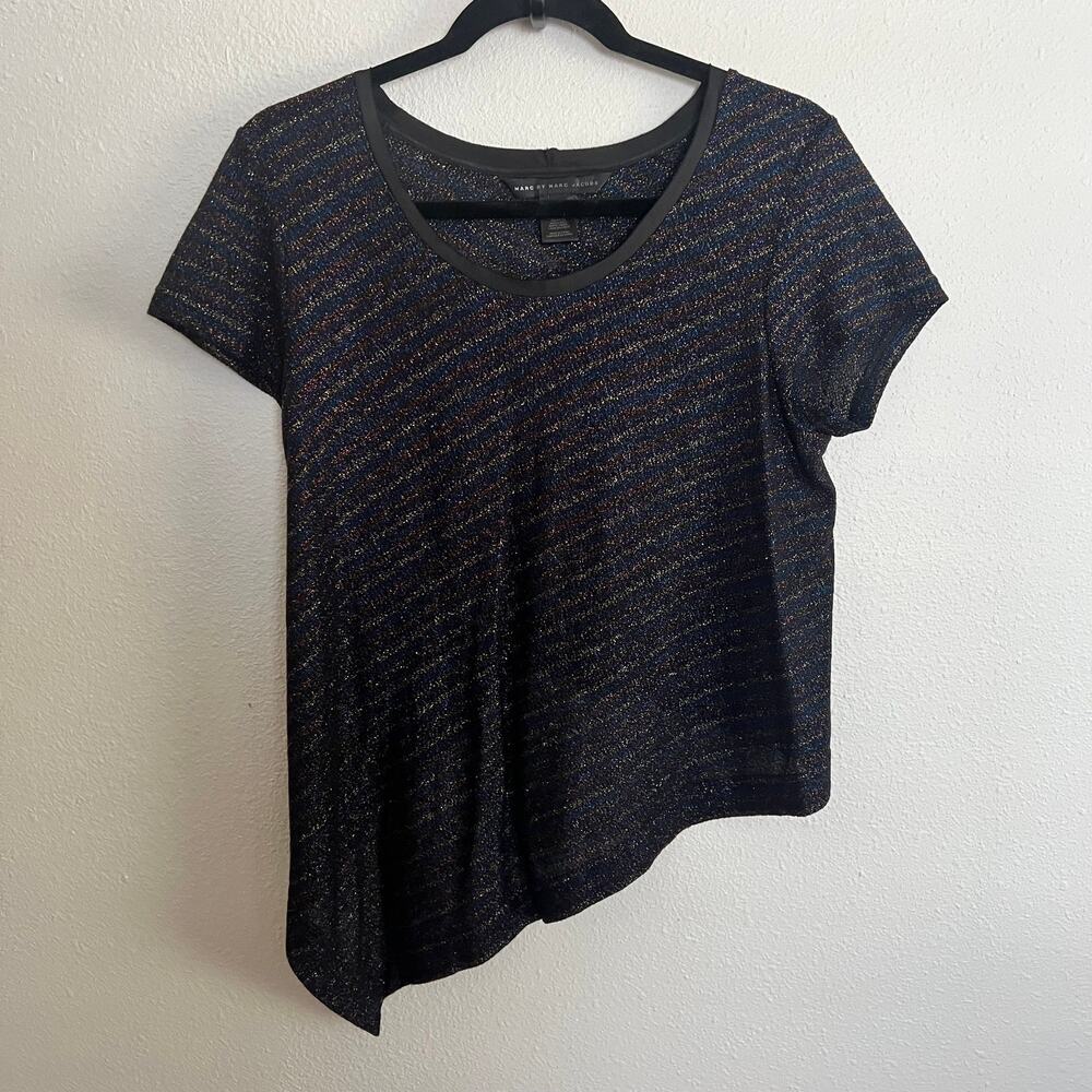 Marc By Marc Jacobs Metallic Top Black Stripe Asymmetric Hem Short Sleeve Sz M